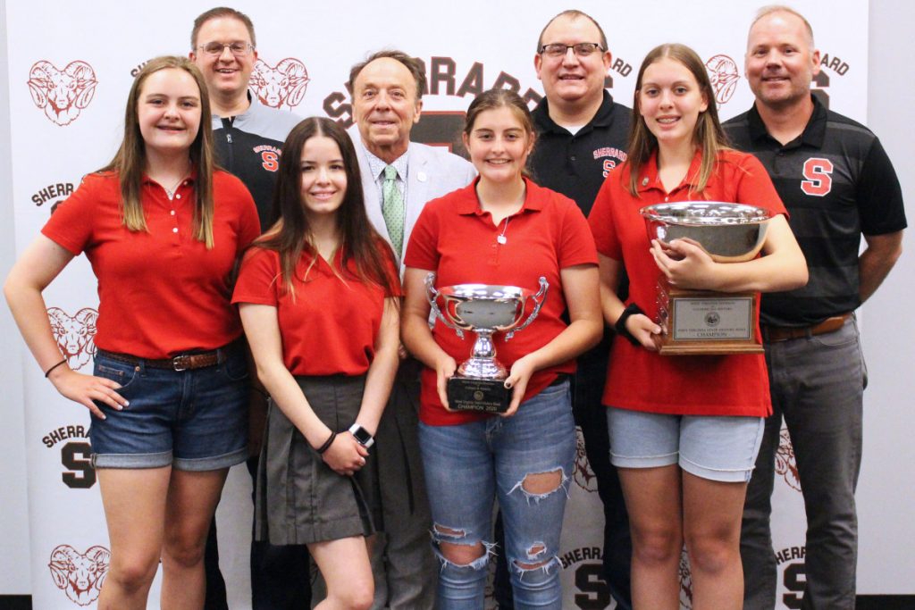 Randall Reid-Smith, curator for the West Virginia Department of Arts, Culture and History, presented the 2020 WV History Bowl champions at SMS with a trophy during a presentation at the school on Wednesday afternoon. Pictured from left front row: Lilly Roman, Payton Hill, Alexis (A.C.) Cumberledge and Grace Gatts. Back row from left: SMS Coach Jeffrey Stephens, Curator Randall Reid-Smith, Coach Dan Gatts and SMS Principal Jason Marling.