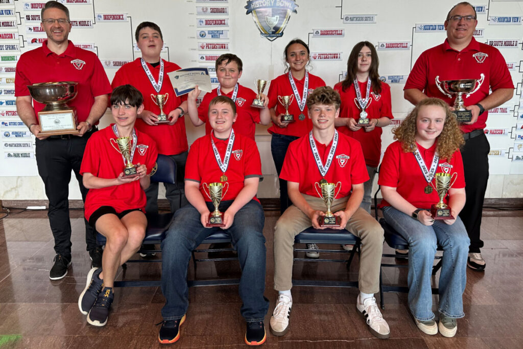 Pictured from left, front row: State Champions- Griffin Sturgill, Brady Barnhart, Drew Marling and Abby Allman. Back row from left: Coach Jeff Stephens, Colsen McCutcheon, Kabe Blake, Chloe Weekley, Izzie Dougherty and Coach Dan Gatts.